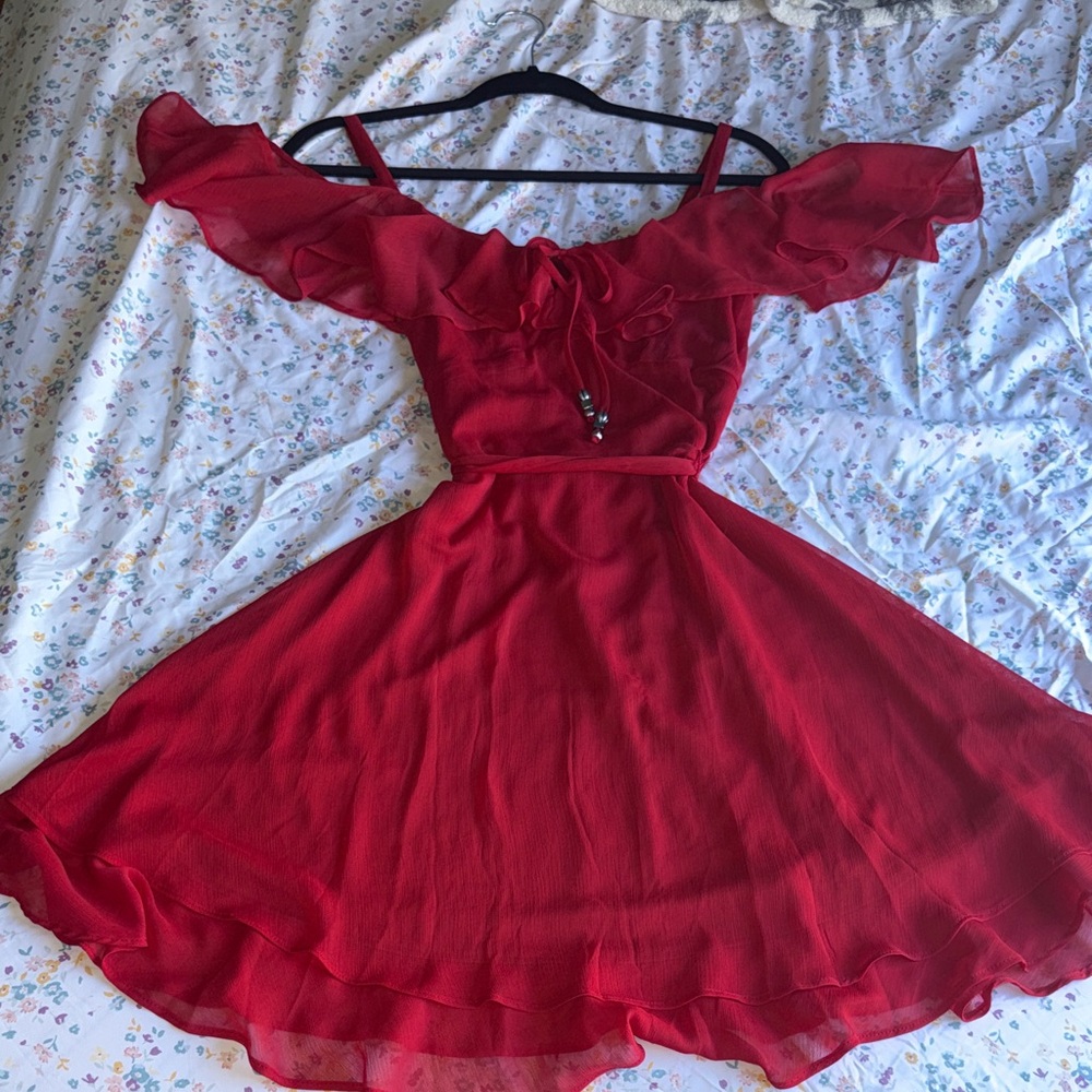 Red SHIFT Ruffle Fit-and-Flare Dress